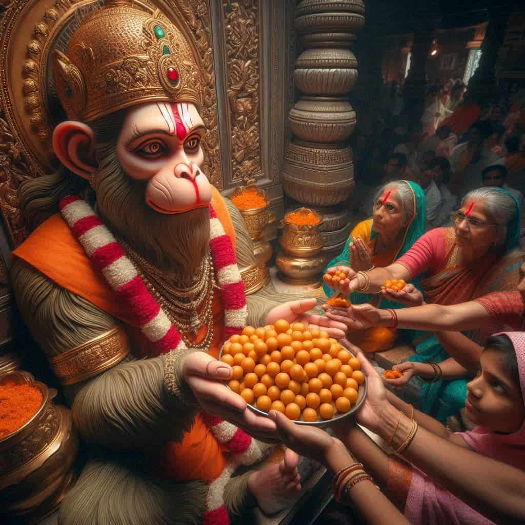 Devotees offering boondi laddoo to Hanumanji