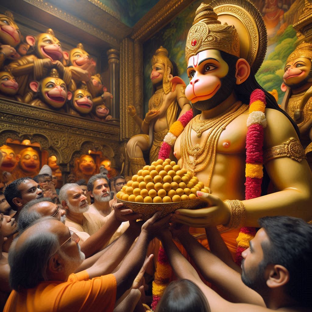 Devotees offering boondi laddoo to Hanumanji