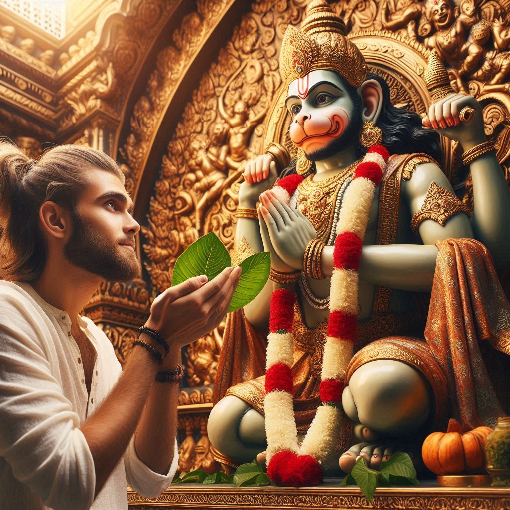 A devotee offering betel leaves to Hanumanji