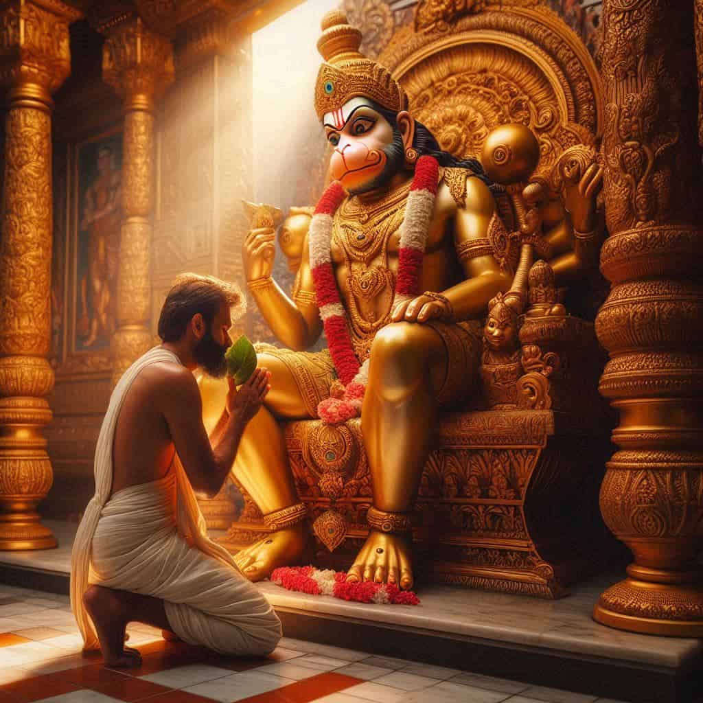 A devotee offering betel leaves to Hanumanji