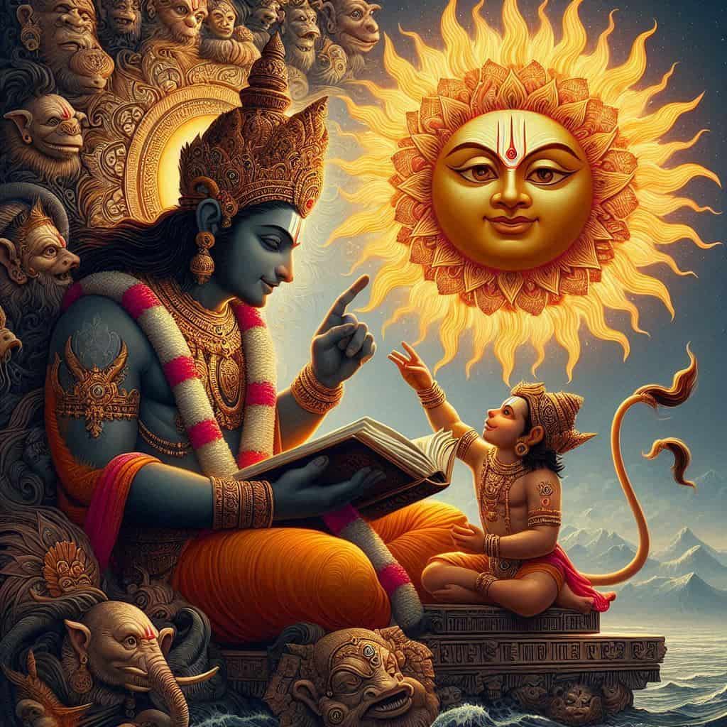 Lord Sun imparting knowledge to lord hanuman